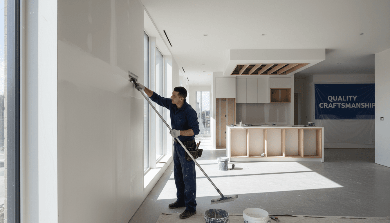 Expert drywall finishing work showing smooth, flawless plaster application on interior wall