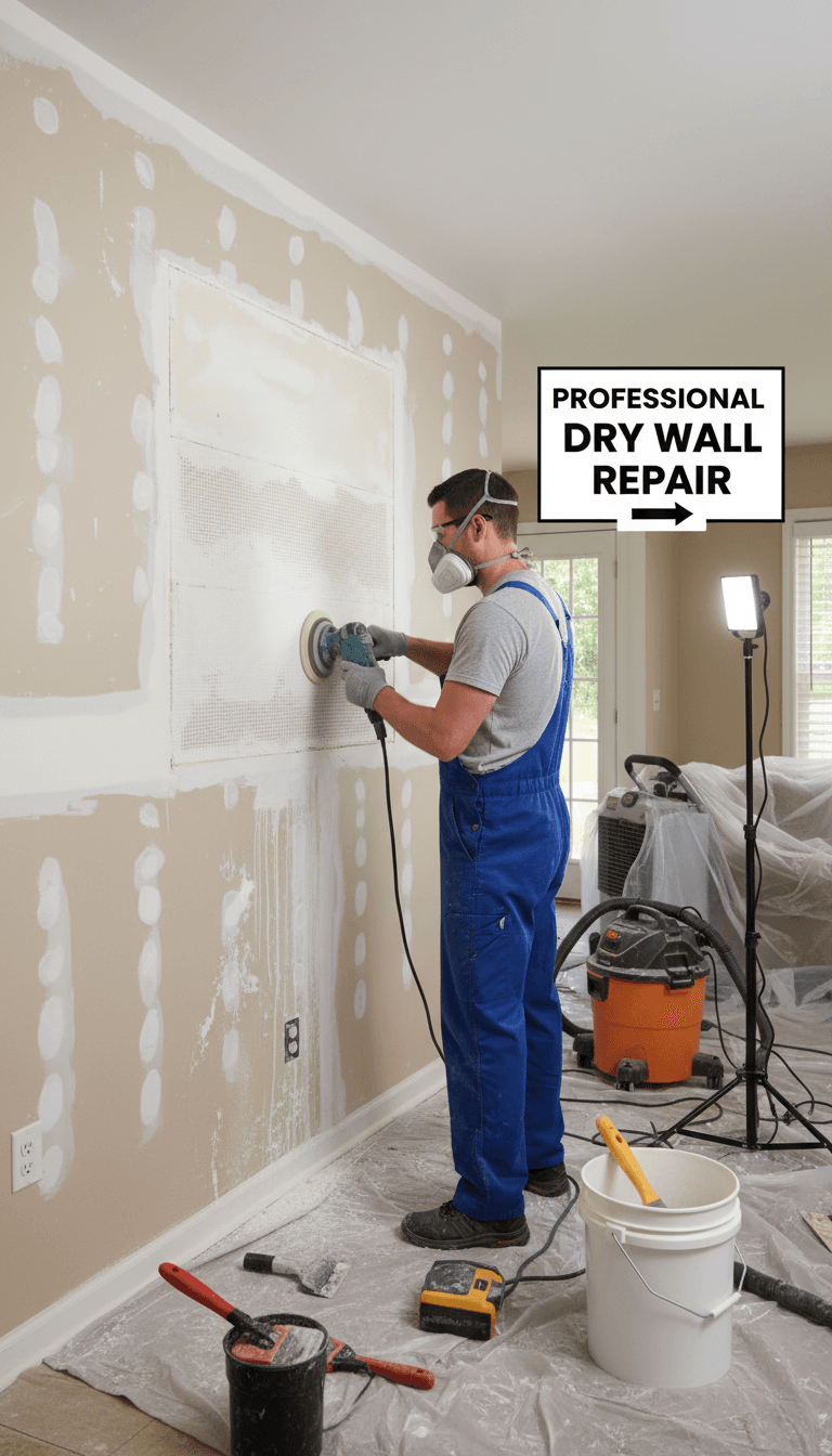 Restored wall section with seamless drywall repair and finishing