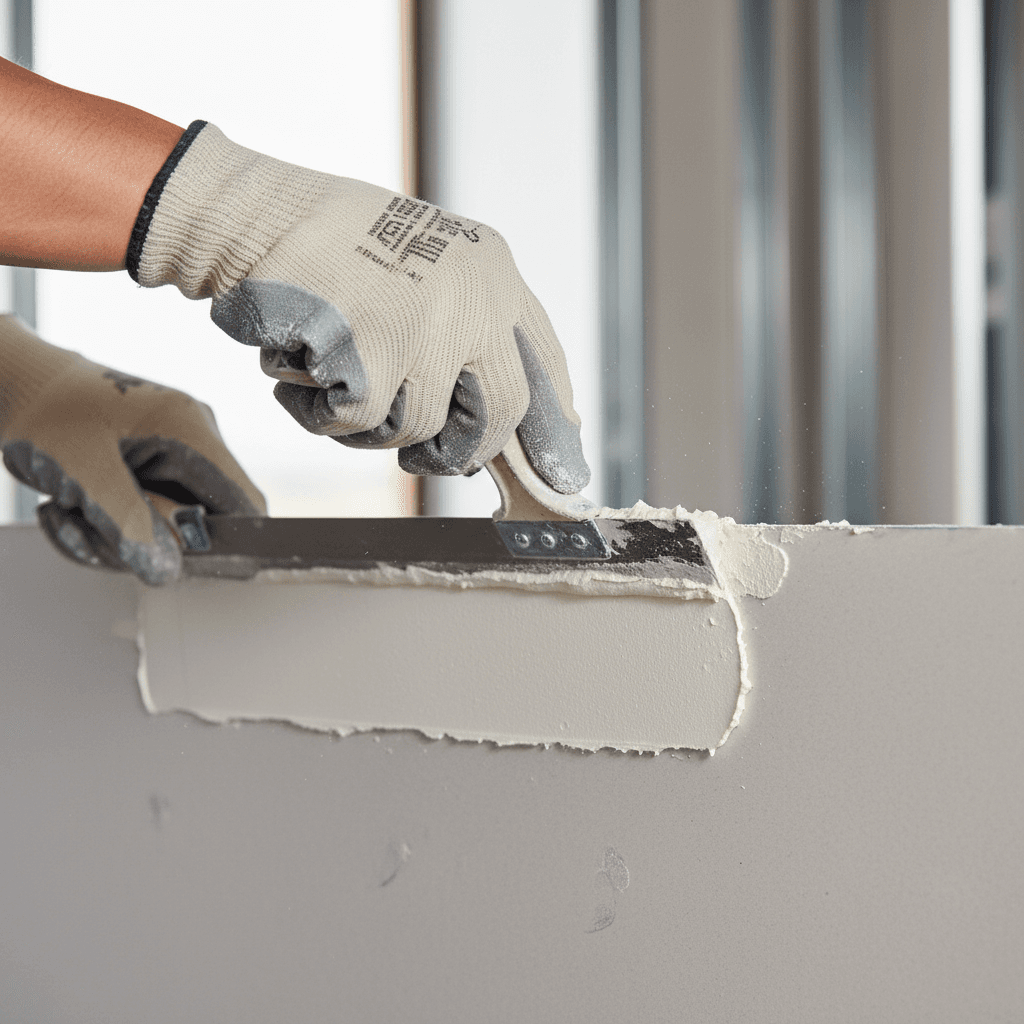 Expert craftsman applying luxury skim coating finish to a wall in a high-end residential space