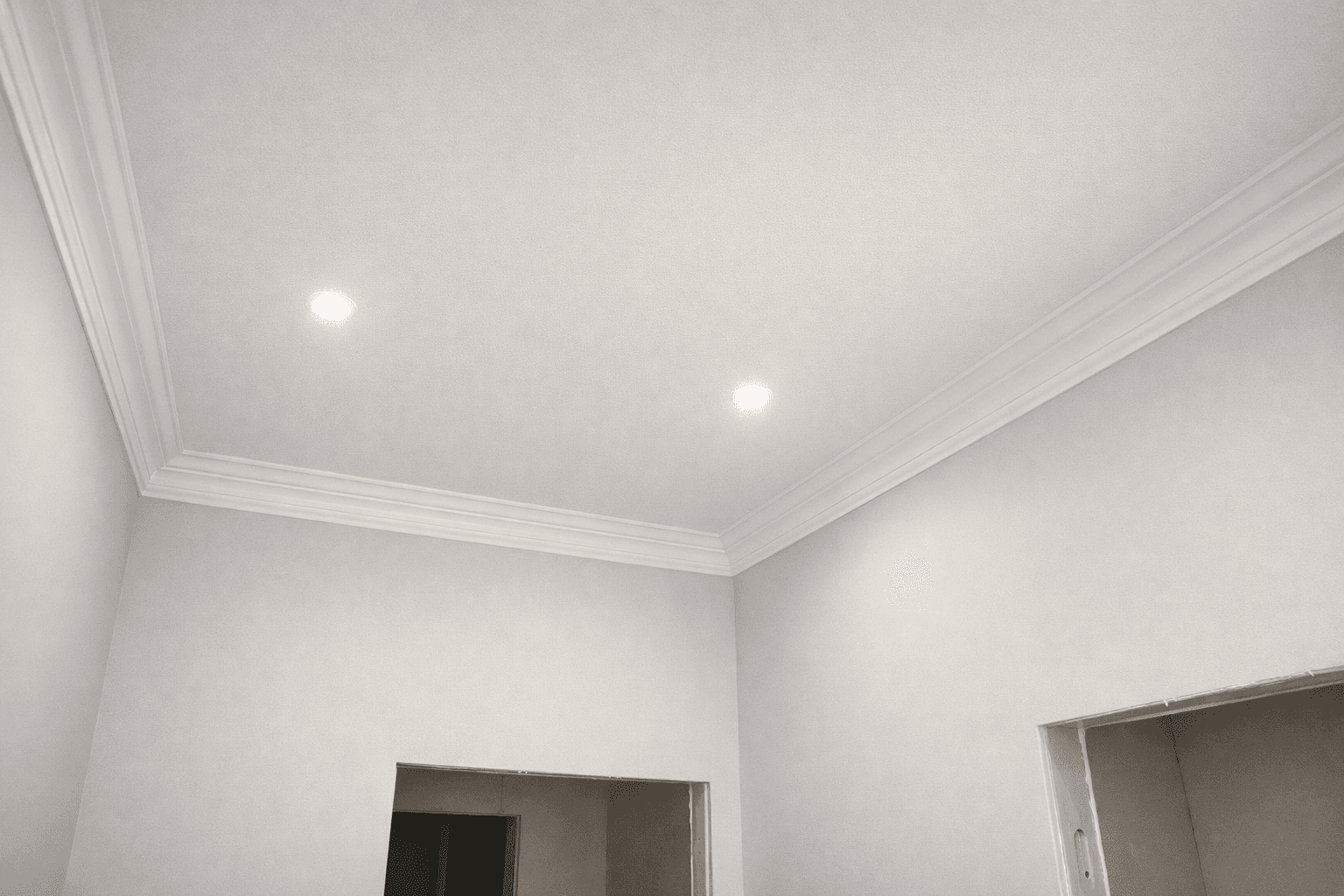 White ceiling featuring two recessed lights and elegant crown molding above plain white walls.