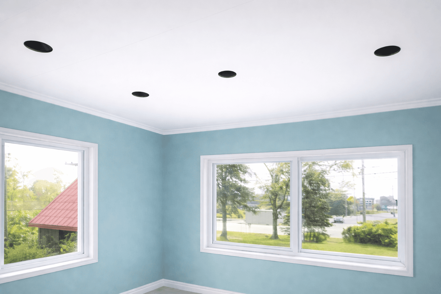 Empty room with light blue walls, black recessed ceiling lights, and two large windows.