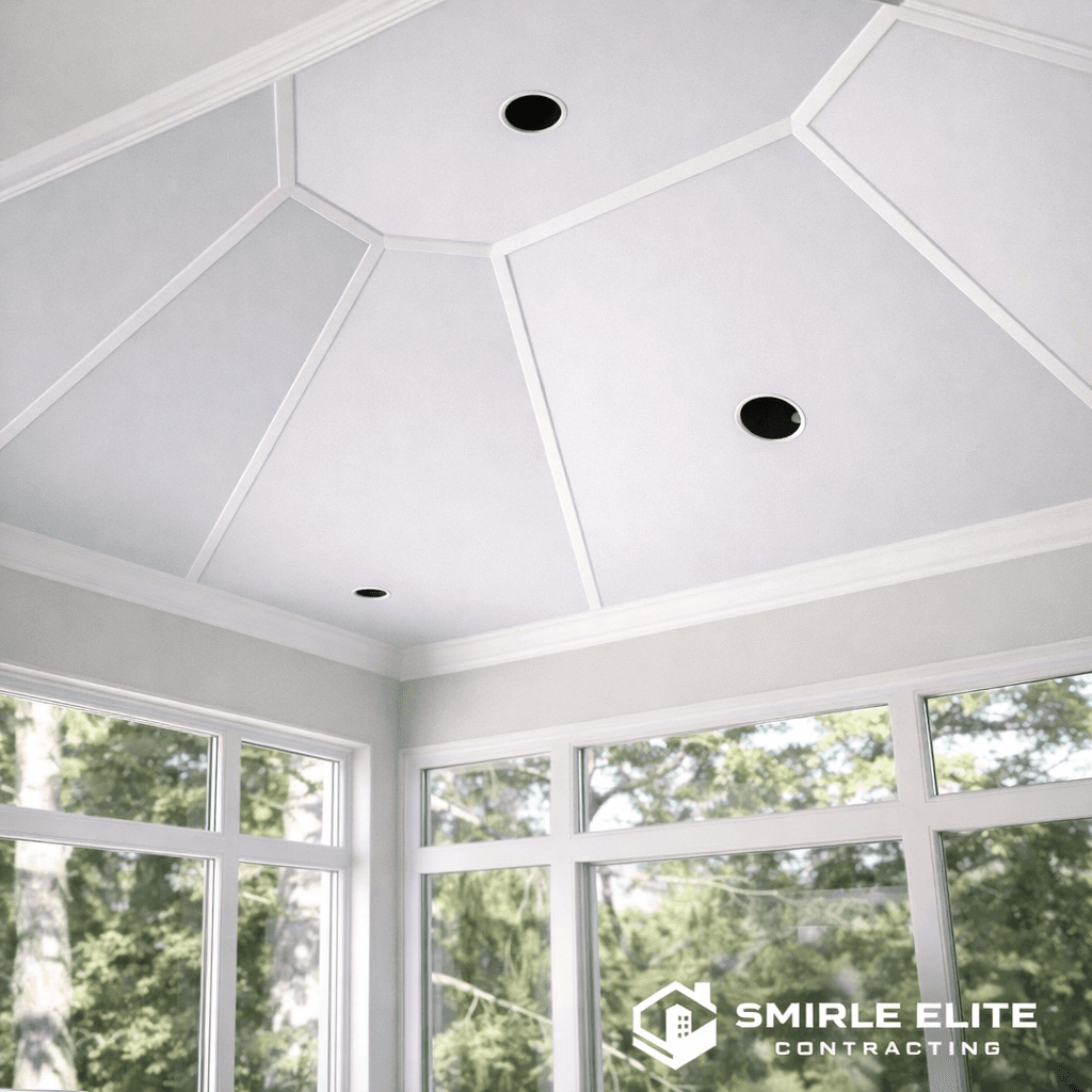 White vaulted ceiling with decorative trim and recessed lighting in a sunroom with large windows.